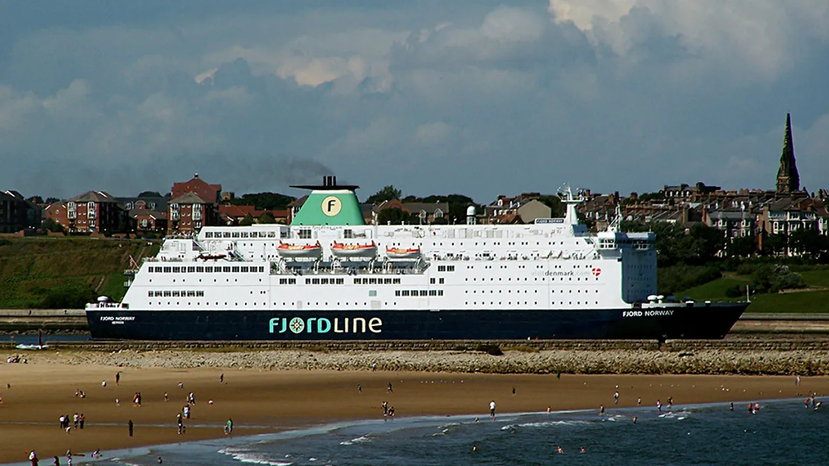 a large cruise ship is docked on the shore of a beach .