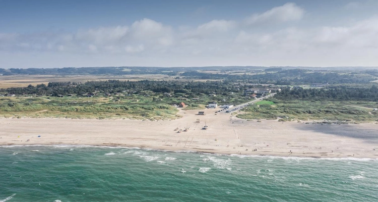 Hvit strand med skog bak.