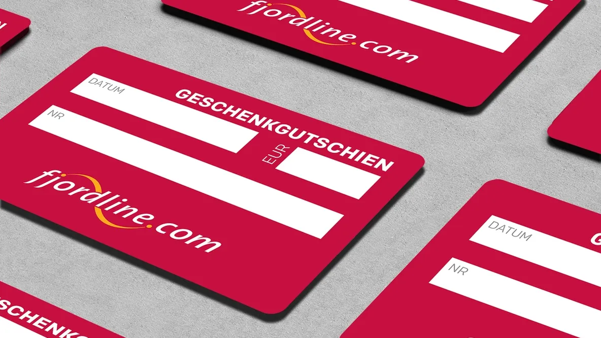 a bunch of red cards that say fjordline.com on them
