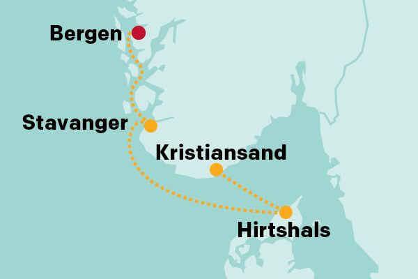Map showing a route connecting Bergen, Stavanger, Kristiansand, and Hirtshals.