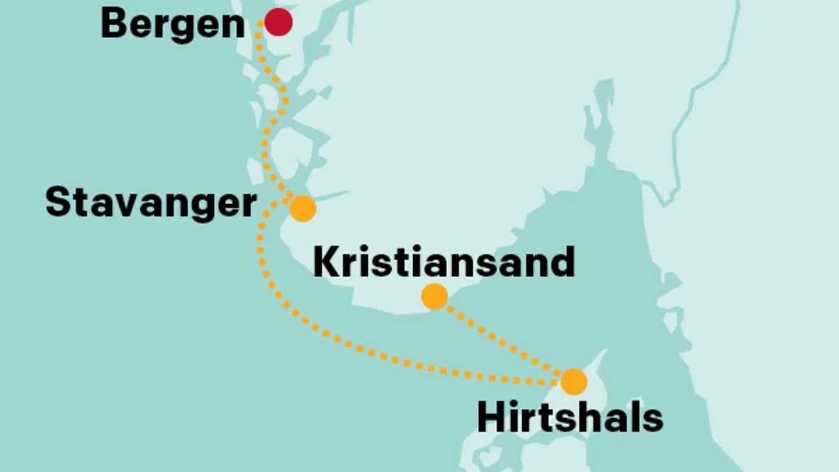 Map showing a route connecting Bergen, Stavanger, Kristiansand, and Hirtshals.