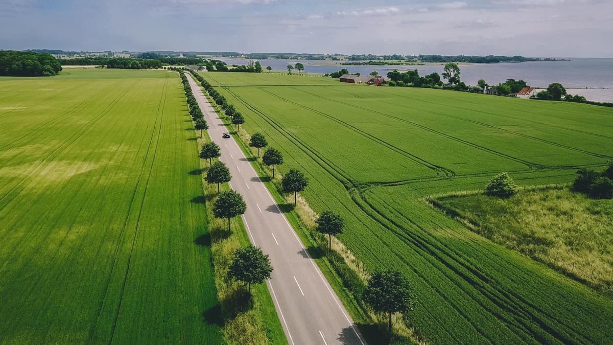 Bilvei med grøntområder rundt.
