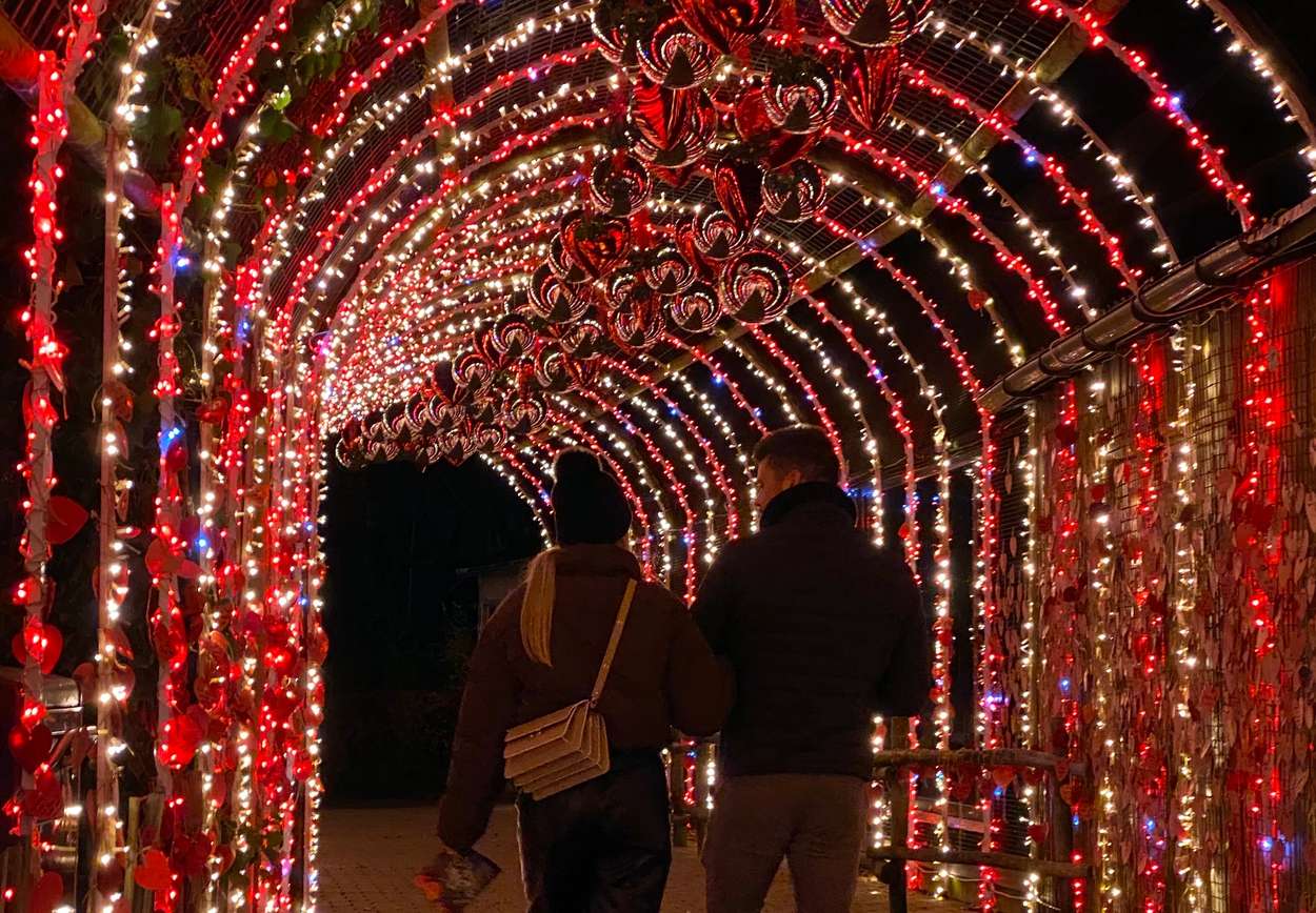 Par som går gjennom den opplyste hjertetunnelen. Foto. 