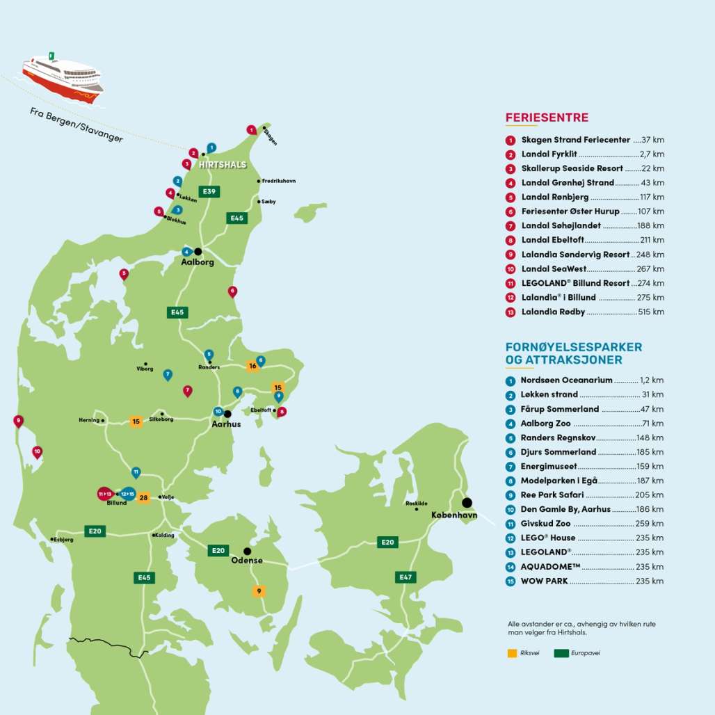 Animert kart over Danmark, med oversikt over feriesenter og fornøyelsesparker. 