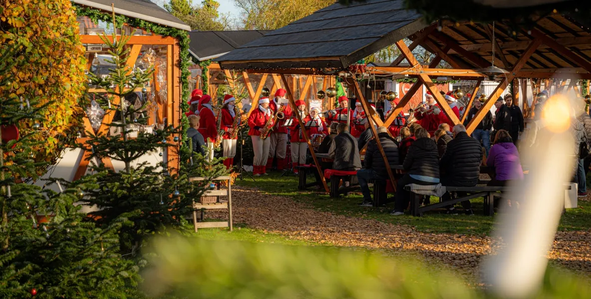 Foto av nissekorps på julemarked i Ålbæk.