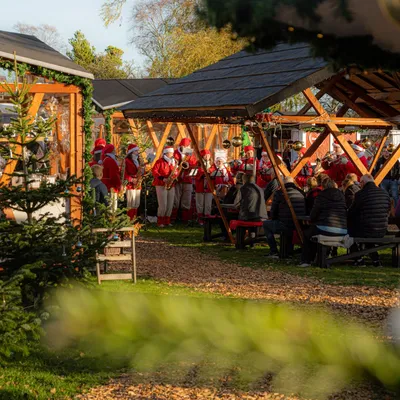 Foto av nissekorps på julemarked i Ålbæk.