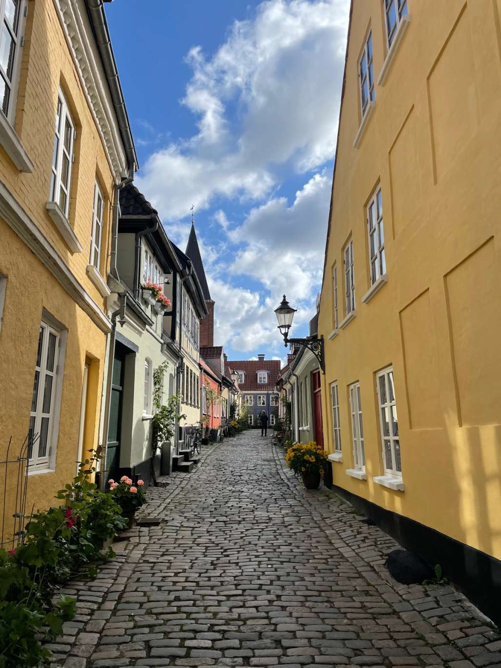 Bilde av gaten Hjelmerstald. Gamle hus, to gule i front og et blått i enden. Foto. 