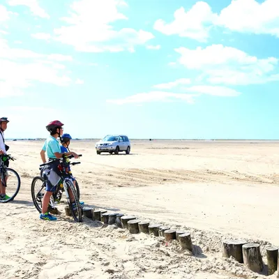Langsstrakt strand med sykler, biler og folk
