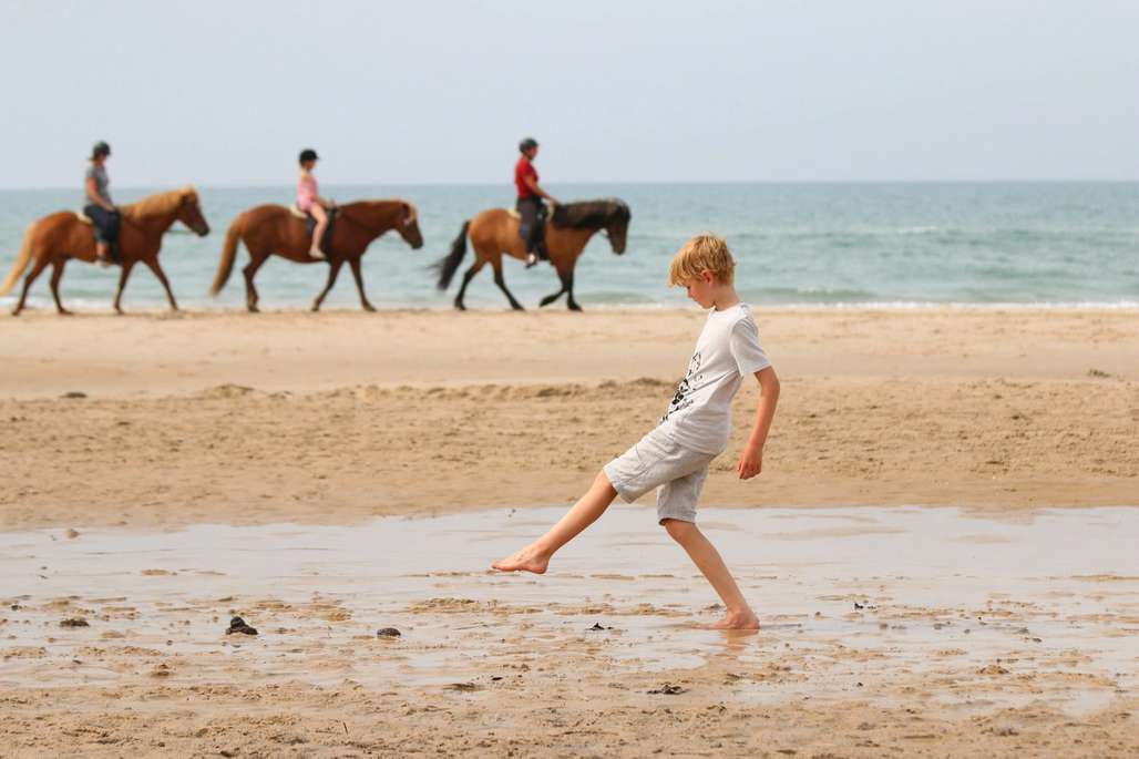 Foto av barn som leker og rir på hest på stranden. 