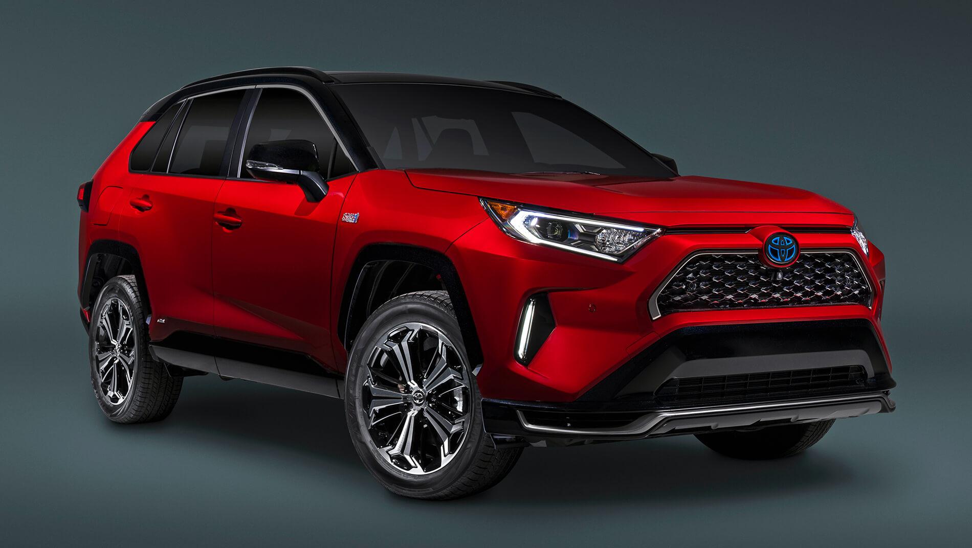 exterior image of a red Toyota RAV4 prime plug in electric hybrid