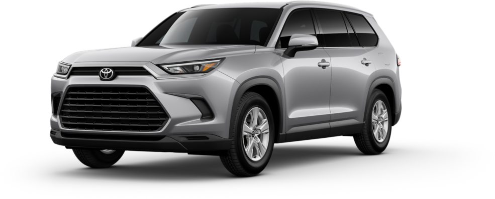A silver Toyota 2025 grand highlander SUV is parked on a white background, viewed from the front left angle