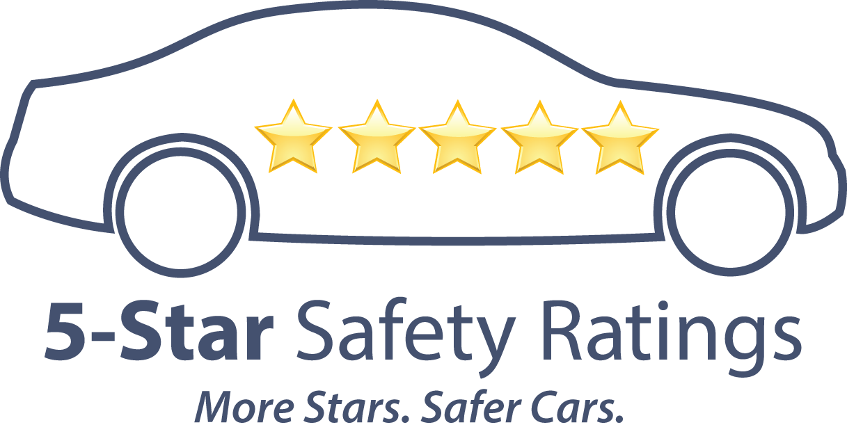 Outline of a car with five gold stars in the center. Text below reads "5-Star Safety Ratings" and "More Stars. Safer Cars.