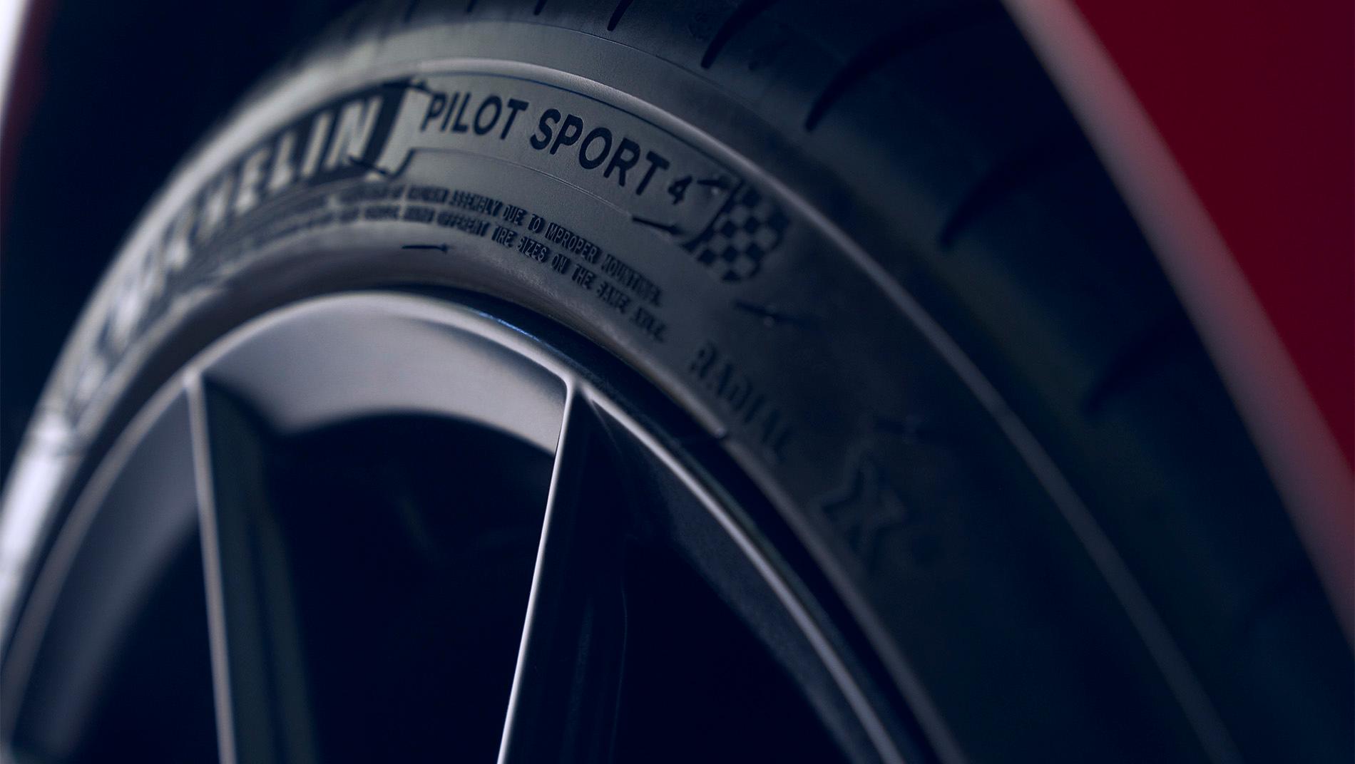 Zoomed in picture of a pilot sport 4 tire featured on the 2025 toyota gr86.
