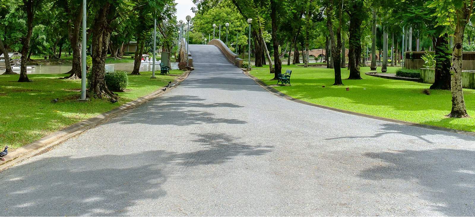 road with stone bridge running through park like setting