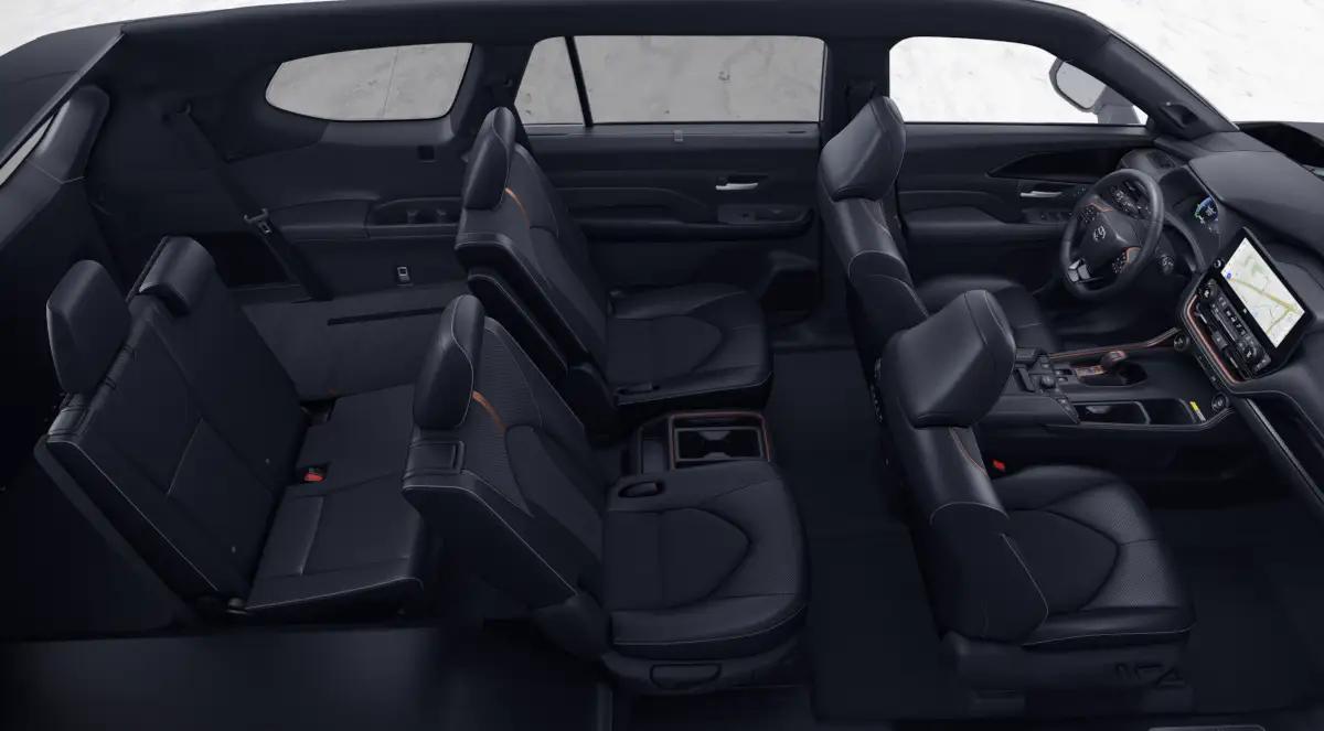 View of the entire interior model of the 2024 toyota grand highlander featuring black seats.