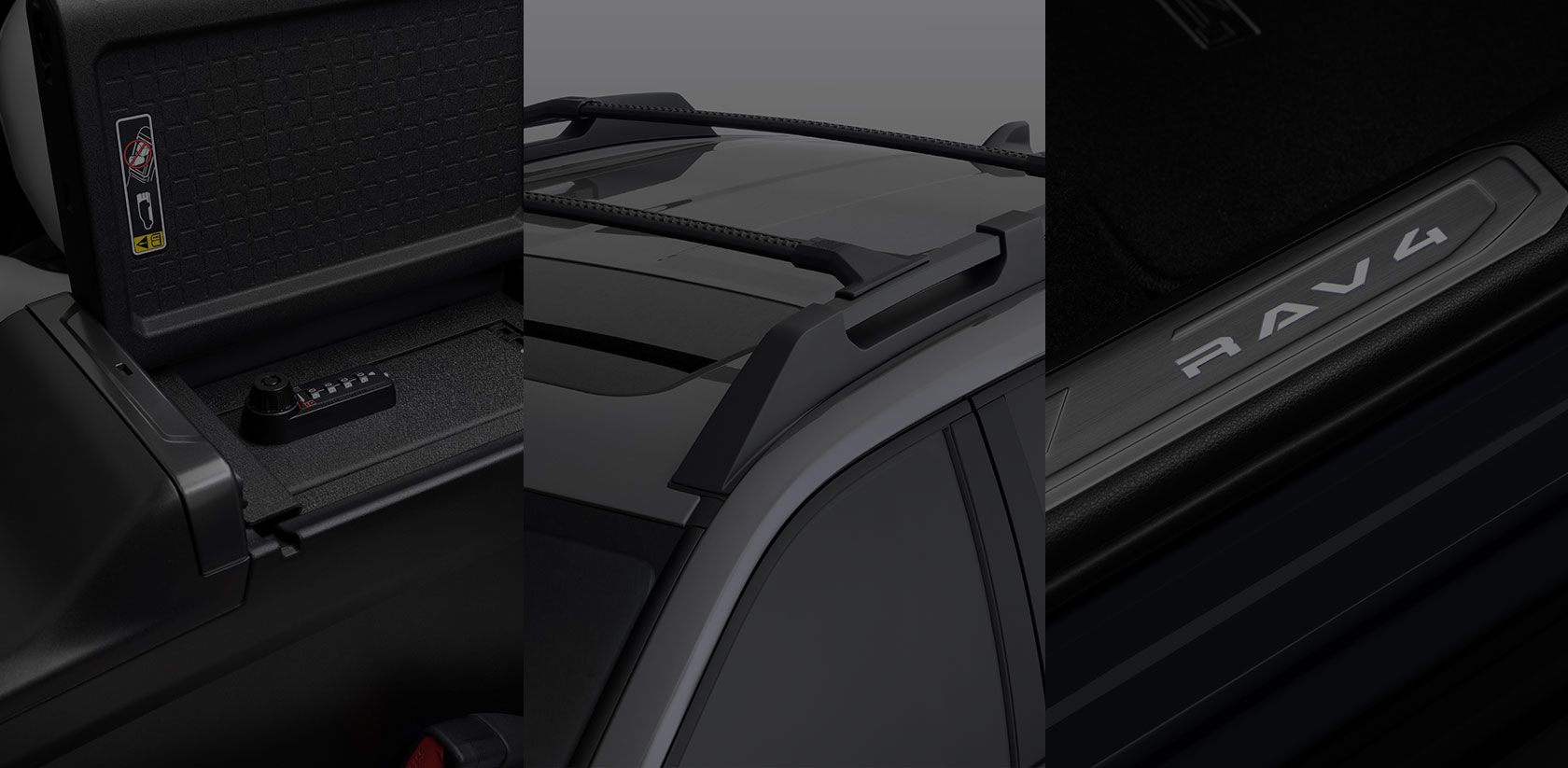 A collage showing close-ups of a Toyota RAV4: the first panel features a storage compartment, the center shows the roof with cross bars, and the third highlights a RAV4-branded door sill.
