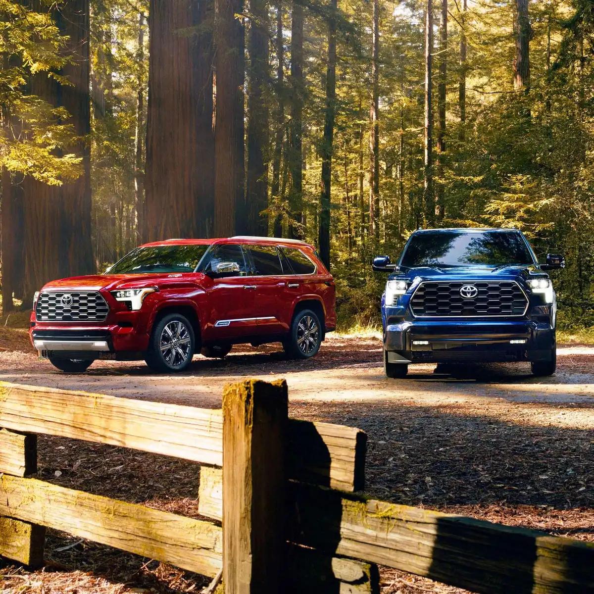 Red Toyota Sequoia and Blue Toyota in mountains