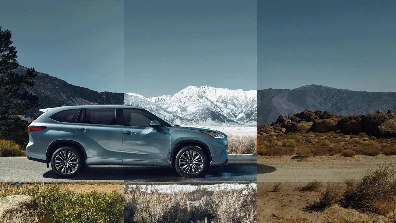 side view of a white Toyota HIghlander XP XSeries upgraded accessory package driving through multiple terrain: forest, snowy mountains, and the desert
