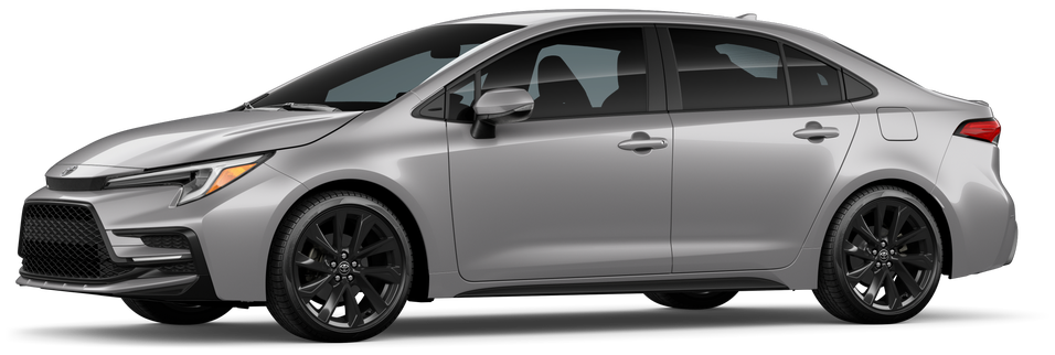 Exterior view of a Toyota Corolla sedan. Showing its sleek headlights and aerodynamic design.