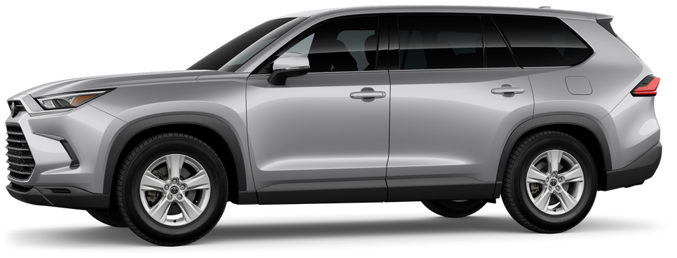 Exterior view of a 2026 toyota MAX Hybrid HEV grand highlander with tinted windows, black wheels, and sleek, modern styling.