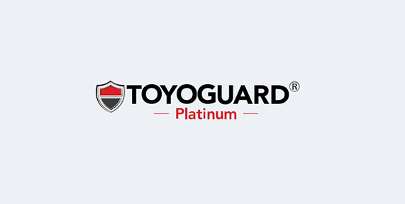 Logo for TOYOGUARD Platinum, featuring a shield icon with black, red, and gray sections to the left of the text.