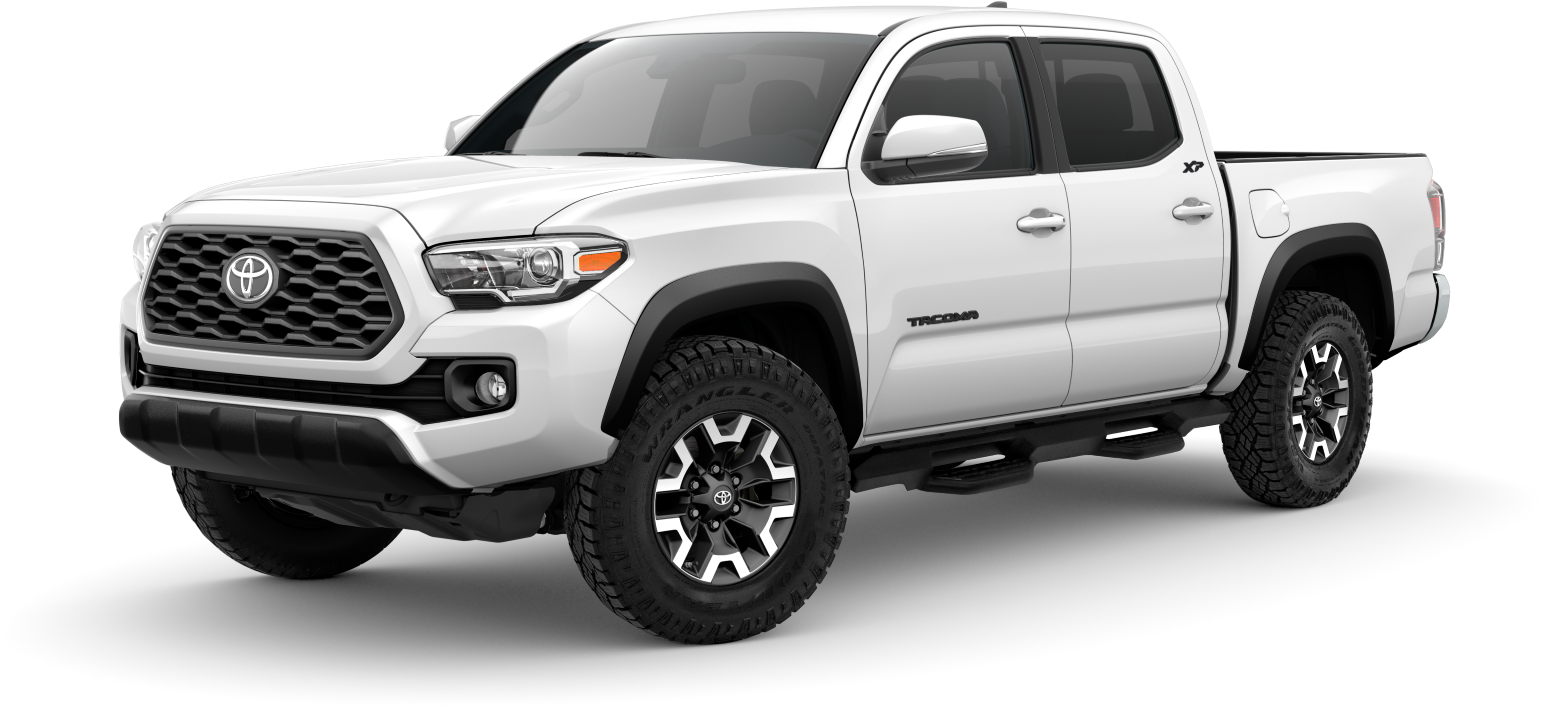 exterior front side image of a white 2024 Toyota Tacoma XP Trail Xseries
