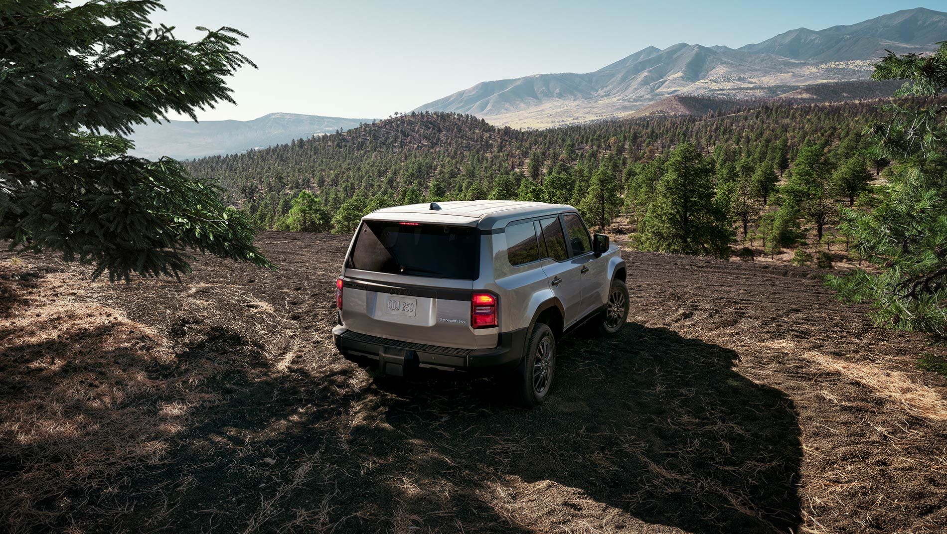A silver toyota Hybrid BEV SUV is parked on a dirt path surrounded by trees, with mountains and a blue sky in the background