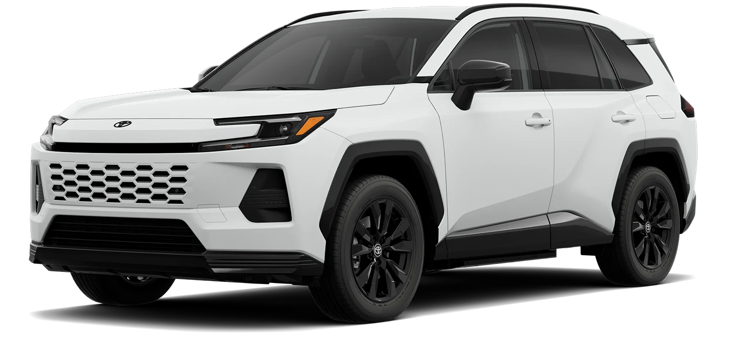 Promotional image of a 2025 or 2026 Toyota sedan, truck, or SUV hybrid vehicle shown in side profile on a white background.