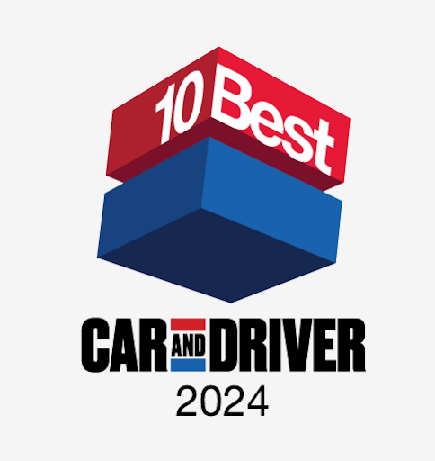 The logo for the Car and Driver 10 Best Award. It is blue and red and features the words car and driver 2024 under the logo.