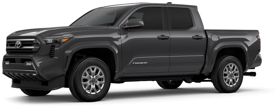 An exterior view of a 2026 Toyota Tacoma I-FORCE MAX Hybrid HEV pickup truck. Featuring four doors, silver alloy wheels, and tinted windows.