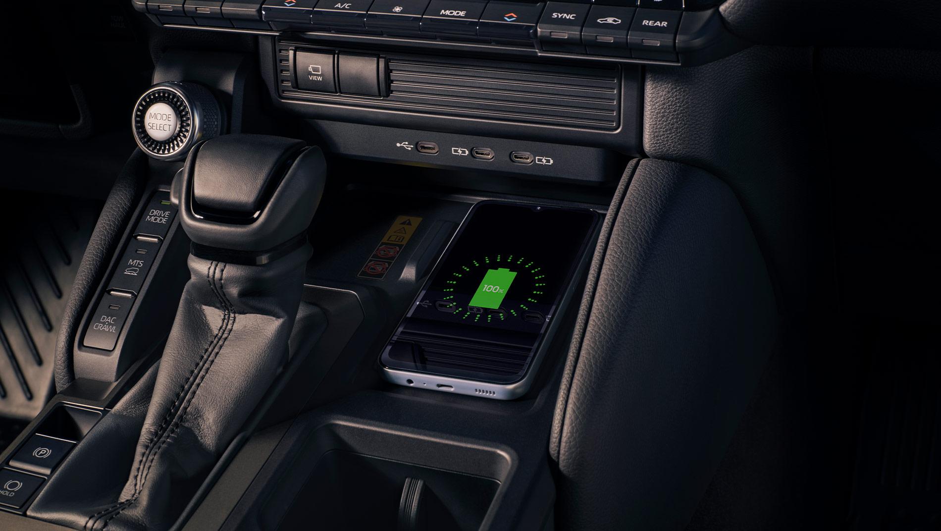 2025 Land Cruiser hybrid gear shifter and wireless phone charger