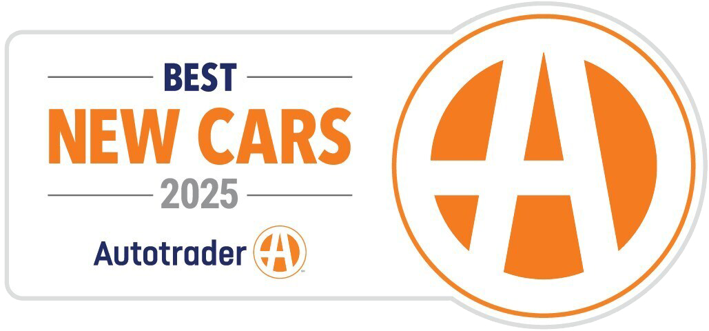 A badge with the text "Best New Cars 2025" and "Autotrader" next to a large orange Autotrader logo featuring a stylized letter "A" inside a circle.
