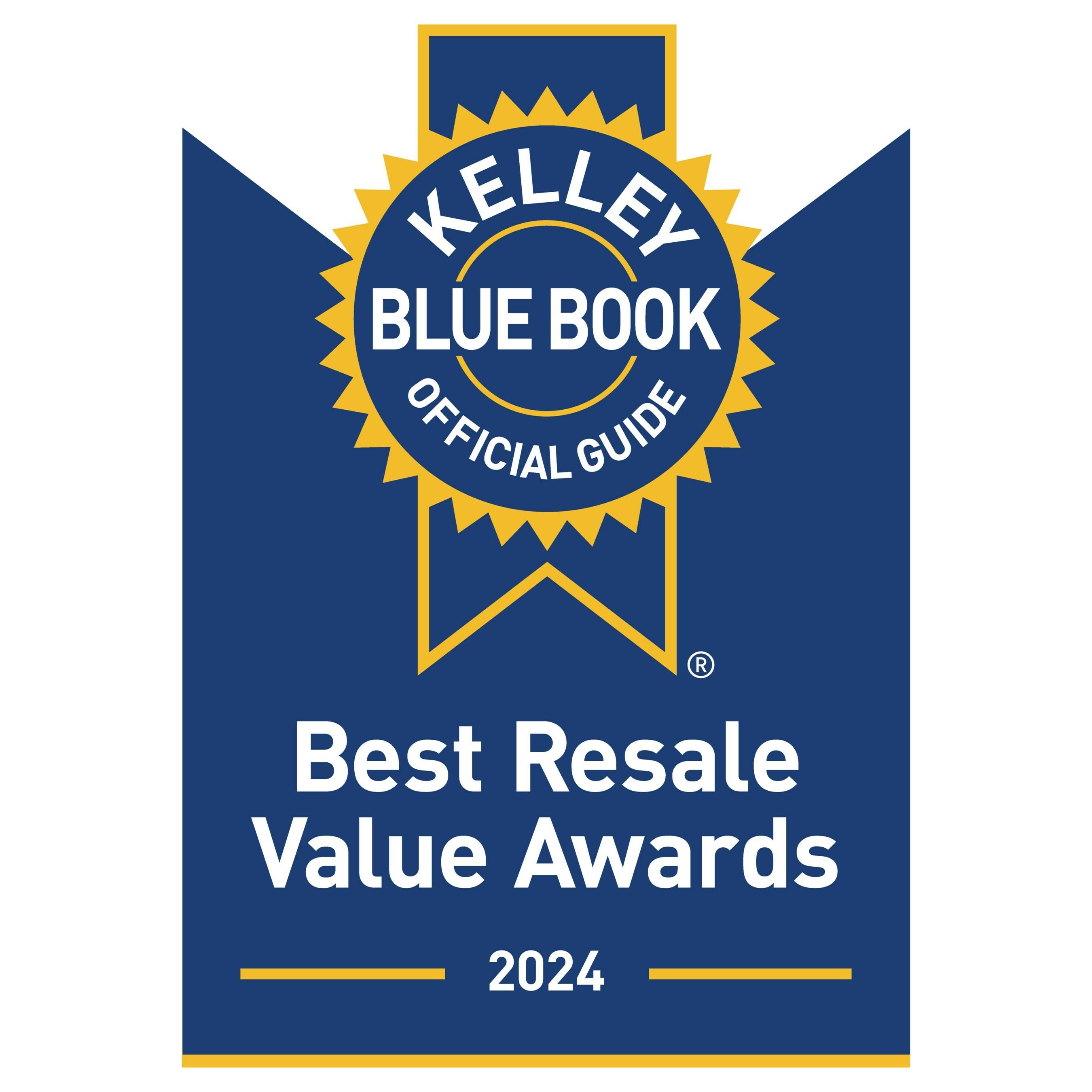 The image shows a blue badge with a yellow sunburst border that reads "Kelley Blue Book Official Guide." Below it, white text says "Best Resale Value Awards 2024."