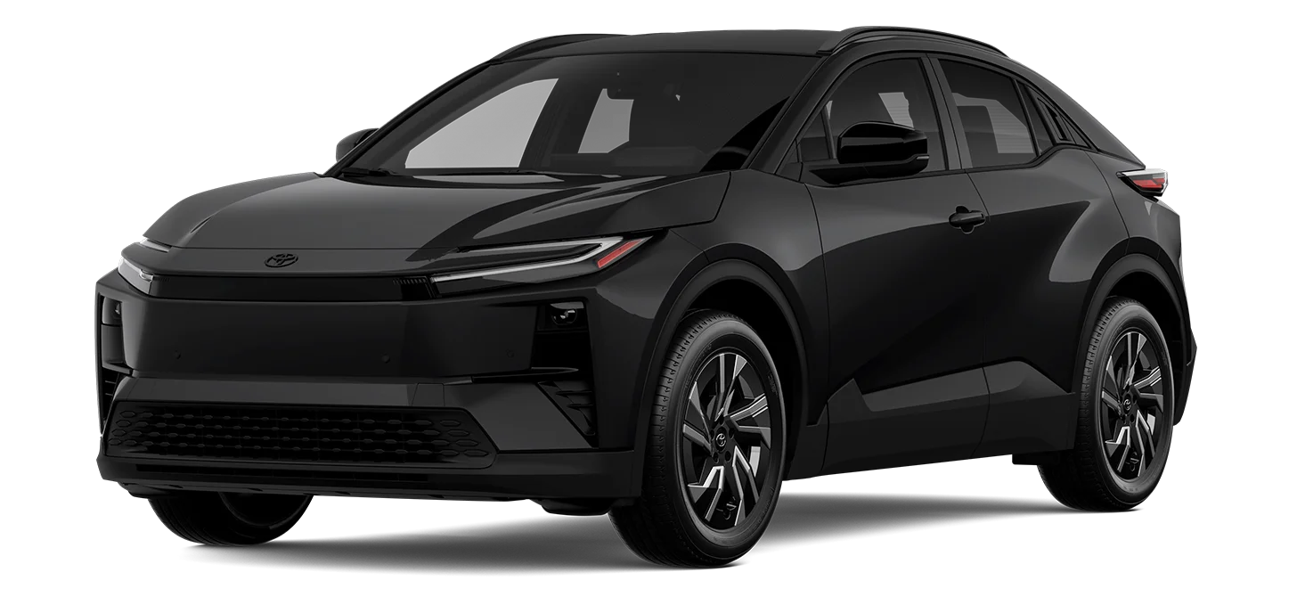 A sleek black electric SUV with a modern, streamlined design, angular headlights, and distinctive alloy wheels, viewed from the front left on a plain white background.