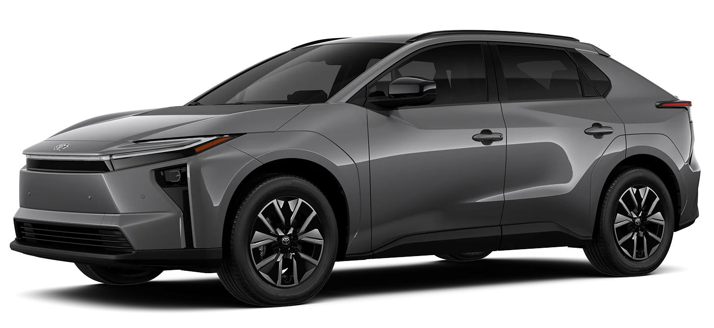 A modern Toyota all electric vehicle bz is shown from the side on a white background.