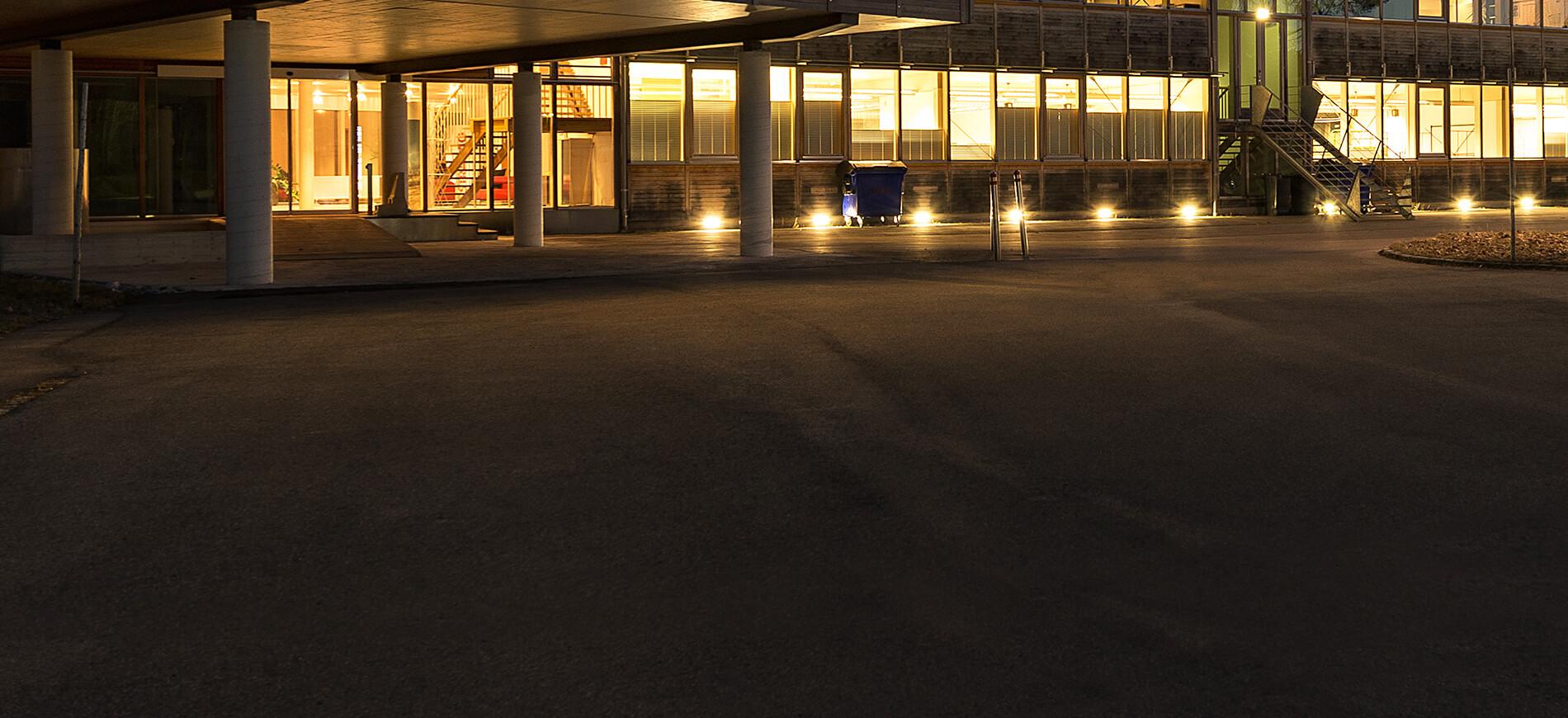 night shot of glass building