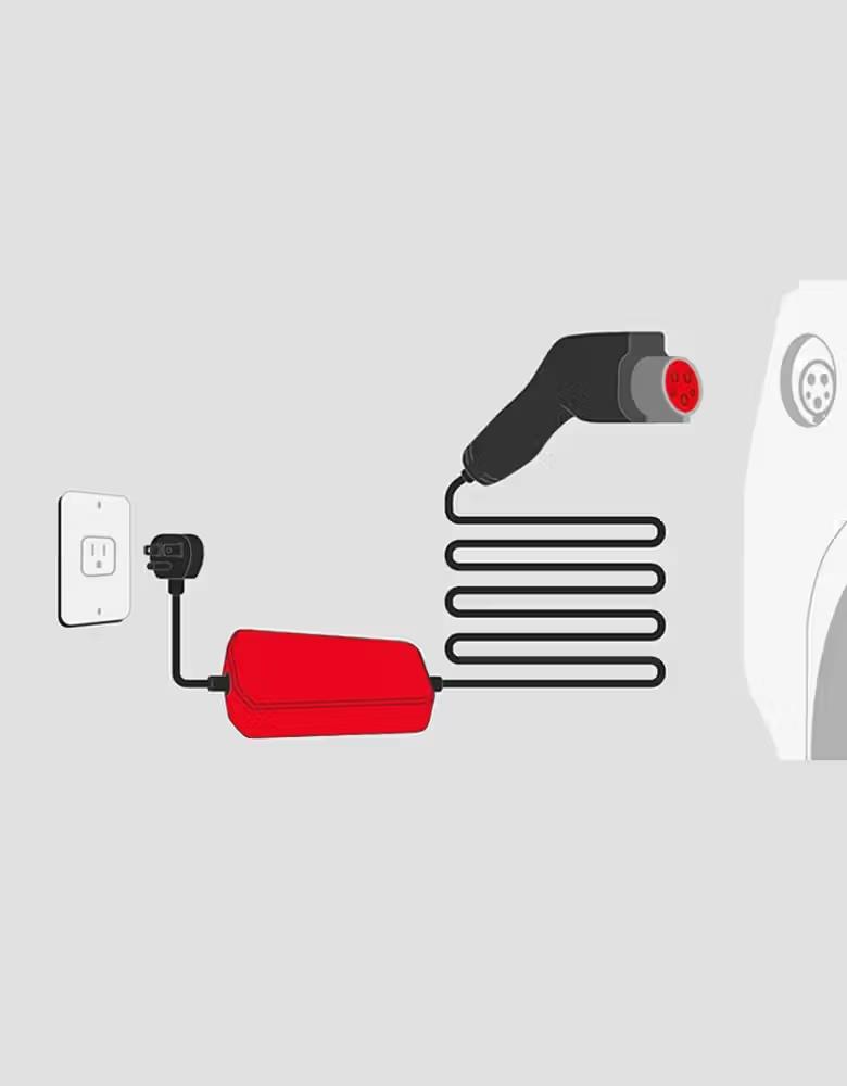 Illustration of an electric vehicle charging cable plugged into a wall outlet, with a red charging unit and coiled black cable connected to a charging port on a white car.