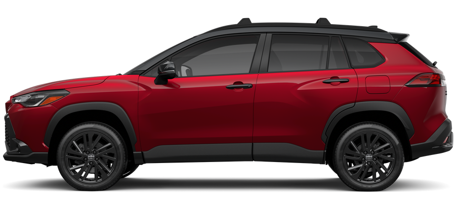 Side profile of a 2025 corollacross Corolla Cross Hybrid Nightshade 2.0L 4-Cyl. Engine All-Wheel Drive