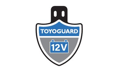 A shield-shaped logo with "TOYOGUARD" in white on a blue band and "12V" with a battery icon below on a gray background.
