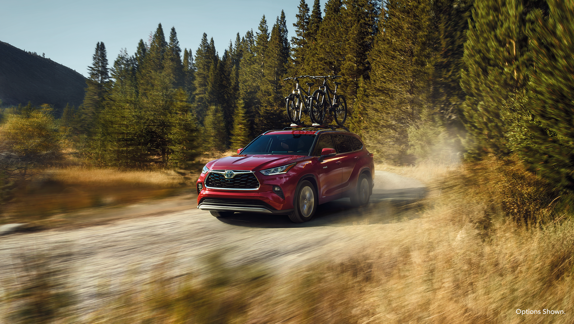 Red Toyota Highlander Hybrid SUV with roof rack holding bicycles drives down a dusty mountain road surrounded by evergreen trees