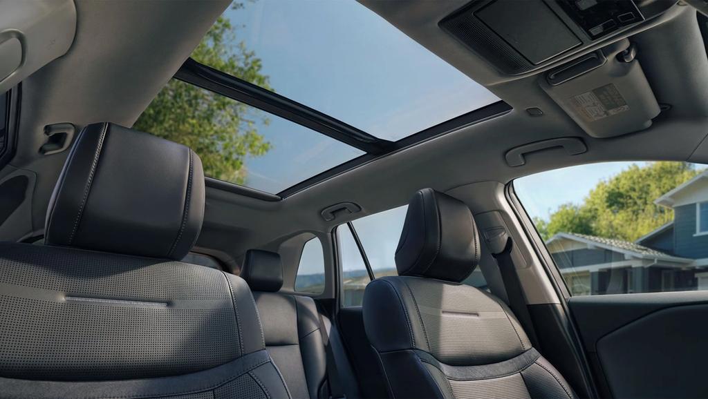 View of a car’s front seats and interior, featuring a panoramic sunroof with blue sky and trees visible through the glass