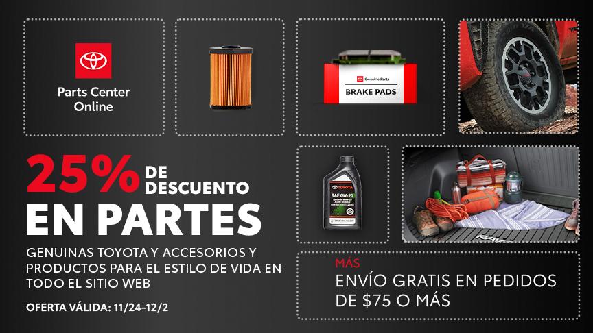 A collage showing automotive items: brake pads, a car tire, an air filter, motor oil, and a car trunk packed with bags, a blanket, and tools.