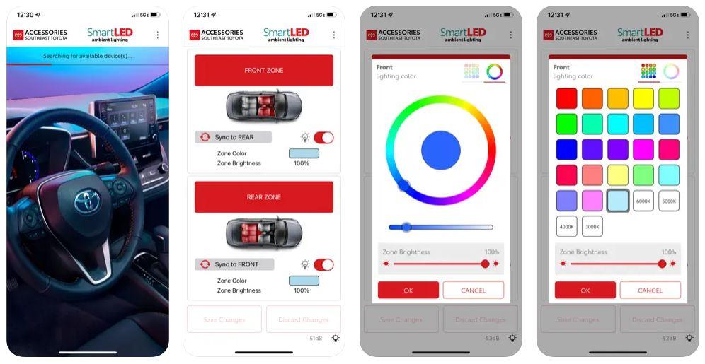 Toyota Smart LED ambient lighting can be controlled throughout your app to customize and change lighting options throughout your Toyota