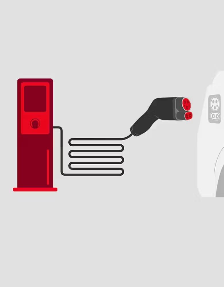 Illustration of an electric vehicle charging cable plugged into a wall outlet, with a red charging unit and coiled black cable connected to a charging port on a white car.