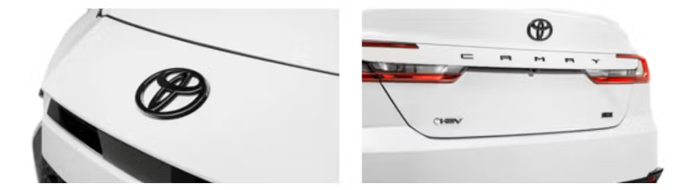 Close-up images of a white Toyota car: the left shows the front hood with the Toyota logo, and the right shows the rear with "CAMRY" lettering, taillights, and the Toyota badge.