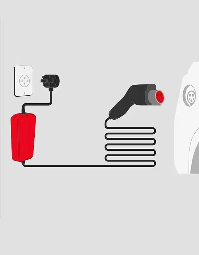 Illustration of an electric vehicle charging cable plugged into a wall outlet, with a red charging unit and coiled black cable connected to a charging port on a white car.