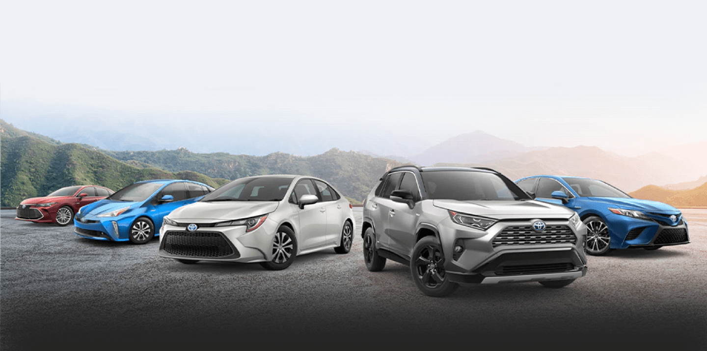 Toyota vehicle lineup in front of foggy mountains