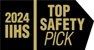 A graphic logo showing '2024 IIHS Top Safety Pick' in gold text on a black background.