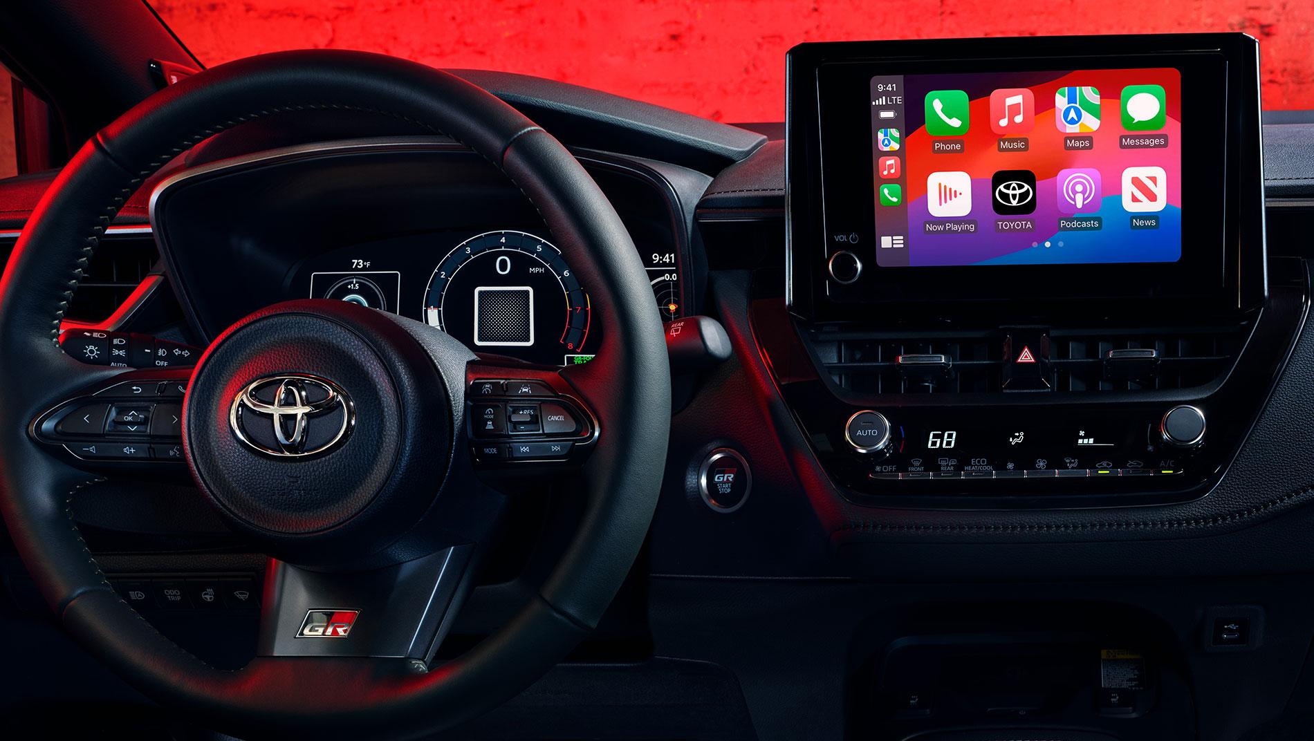 2024 Toyota GR Corolla interior showing the touchscreen control screen and dashboard