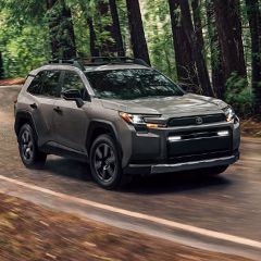 A gray Toyota rav4 SUV is driving on a street lined with trees.